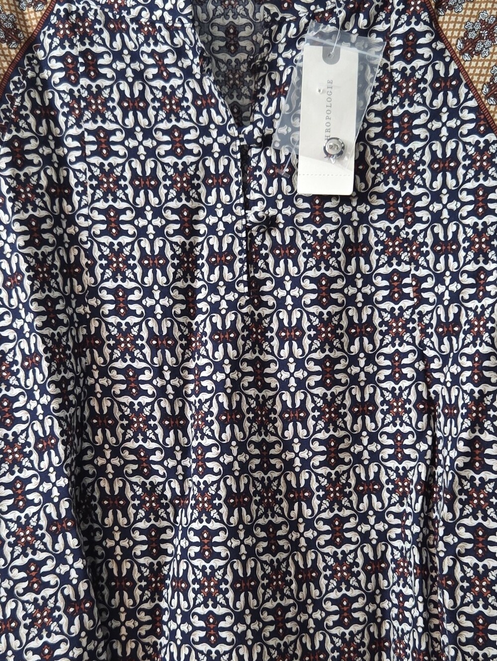 Anthropologie Navy and Mustard Printed Long-Sleeve Blouse Round Neck